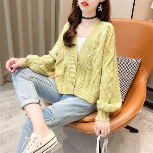 Women 2021 Autumn New V Neck Single Breasted Sweater Cardigan Female Loose Short Sweater Fashion Long Sleeve Knitting Top Q720