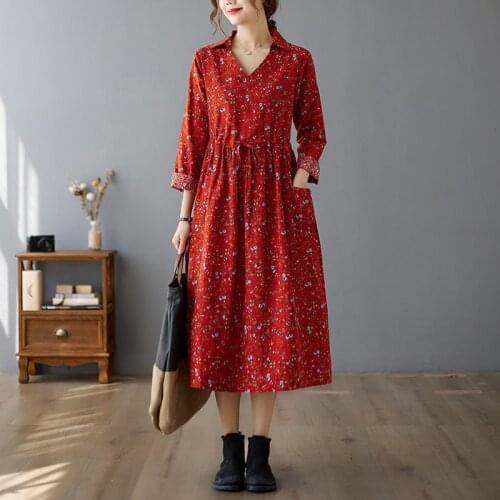 2021 New Arrival Long Sleeve Autumn Dress Print Floral Cotton Linen Draw String Office Lady Work Dress Women Casual Spring Dress