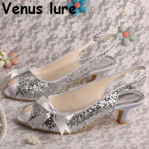 Slingback Bridesmaid Wedding Shoes Silver Glitter Peep Toe Prom Shoes Low Heel Bow Sandals