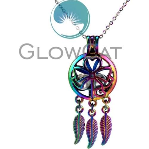 CC759 Rainbow Dream Catcher Bowknot Ribbon Beads Cage Perfume Diffuser Oyster Pearl Cage Locket Necklace