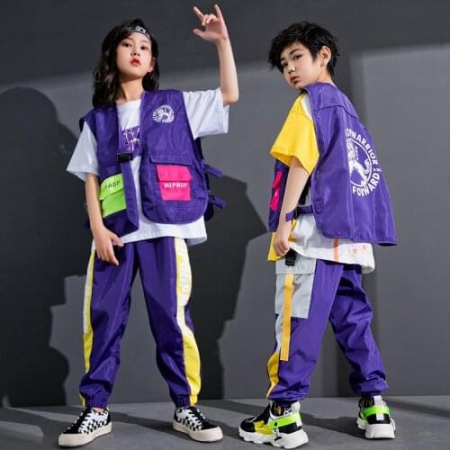 Hip Hop Costumes for Girls jazz Clothing Stage Show Street Dance Wear Boys Ballroom Dancewear Purple Outfits Overalls XS1445