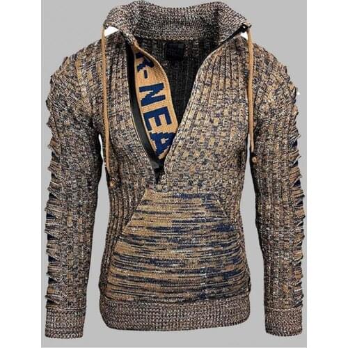 Mens autumn and winter alphabet sweater pullover lapel warmth mens ripped sweater jacket casual street daily mens sweater