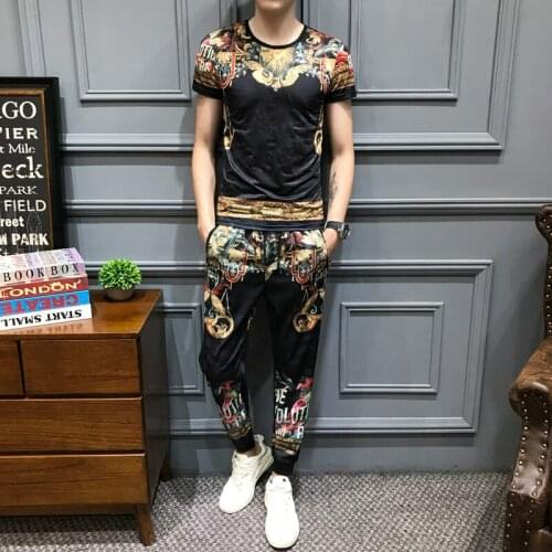 2020 Spring High Quality Tracksuit Top And Pants Fashion Print Short Sleeve T Shirt 2 Piece Slim Fit Outfits Men Set