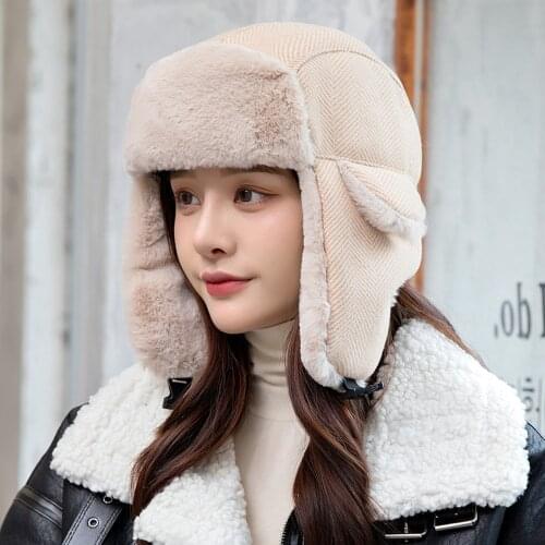 New Women Casual Striped Ears Winter Hat With Brim Outdoor Keep Warm Hat For Female Street Thick Knitted Hat