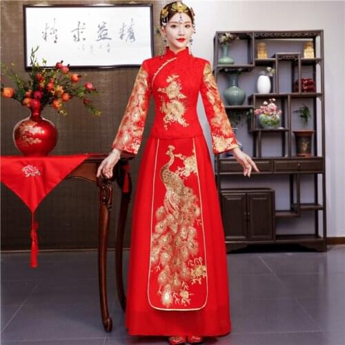 2021 New Bride Wedding Tang Suit Chinese Retro Wedding Dress Banquet Cheongsam Suit Women Girls Qipao Party Red Skirt