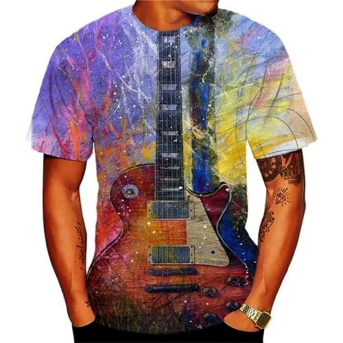 Summer New Latest 3D Printed Guitar T-shirt Fun Round Neck Short Sleeve T-shirt Unisex