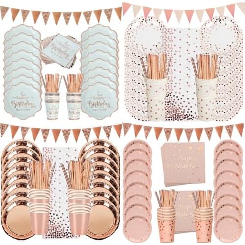 Rose Gold Birthday Tableware Birthday Decorations Girl Party Decoration Paper Napkin Cup Plate Baby Shower Wedding Dinnerware