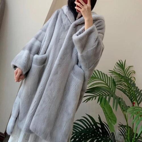 Oversize real mink fur coat Bat sleeve with hood long full pelt thick warm for women winter Imported Mink Fur Coats