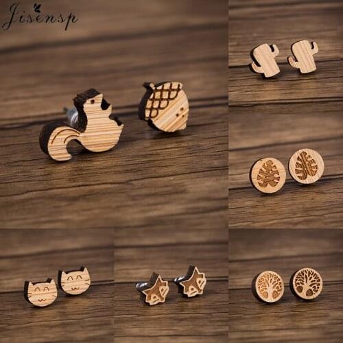 Jisensp Cartoon Lovely Squirrel Pine Nuts Stud Earrings for Women 2020 New Girl Fashion Jewelry Cute Animal Wooden Earrings