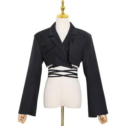 2021 Designer Blazer Womens Crop Blazer Jacket Top Female Black White Pink Sexy Blazer Jacket Bandage Lace Up Blazer Coat