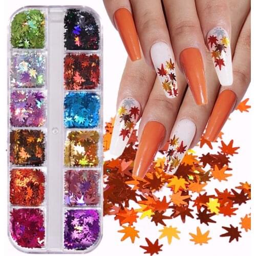 1 Box Maple Leaf Laser Thin Sequins Autumn Colorful Glitter Flakes Nail Art Designs Gel Polish Acylic Tips DIY Decor Manicure