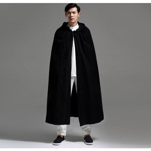 2019 Chinese Cloak Cape Long Outerwear Hooded Cotton Solid Color Loose Vintage Men Trench Coat Fashion Windbreaker Hombre KK3175