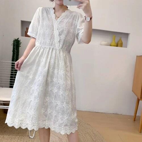 4 colors-- V-neck flowers embroidery short sleeve cotton dress boutique dress