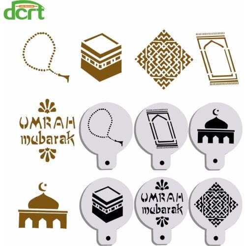 6Pcs/Set PET Mosque Eid Mubarak Ramadan Design Coffee Stencils,Laser Cut Cookie Biscuits Cupcake Fondant Cake Decoration Tools