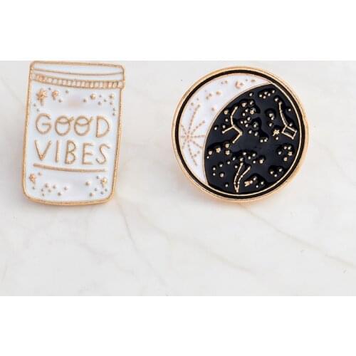 Cartoon Constellation Moon GOOD VIBES Bottle Brooch White Black Enamel Pins Button Coat Jackets Collar Pin Badge Jewelry Gift