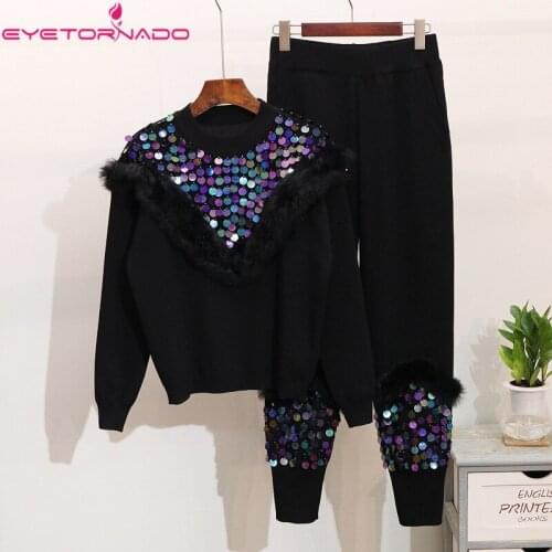 Women 2 Piece Pant Set Autumn Winter Fur Patchwork Sequins Casual Sports Knitted Trouser Jumper Top and Pant Set TrackSuit E6695