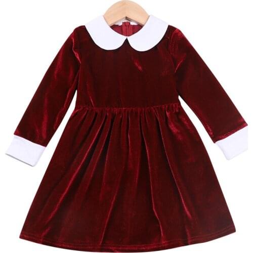 Kids Girls Velvet Dress 2021 New Childrens Doll Collar Red Dress Long Sleeve Princess Style European American Age For 2-6Y
