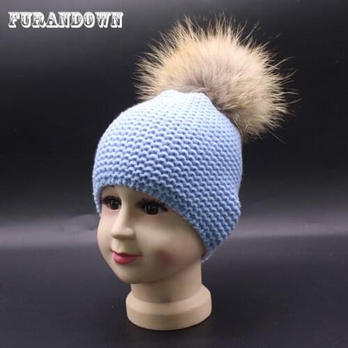 Baby Beanie Hat Winter Mink Fur Pompom Hats For Children Wool Fur Bobble Ball Pompom Skullies Beanies
