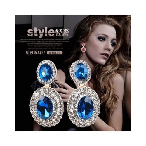 European and American fashion temperament exaggerated elliptical crystal earrings luxurious big earrings have no ear hole
