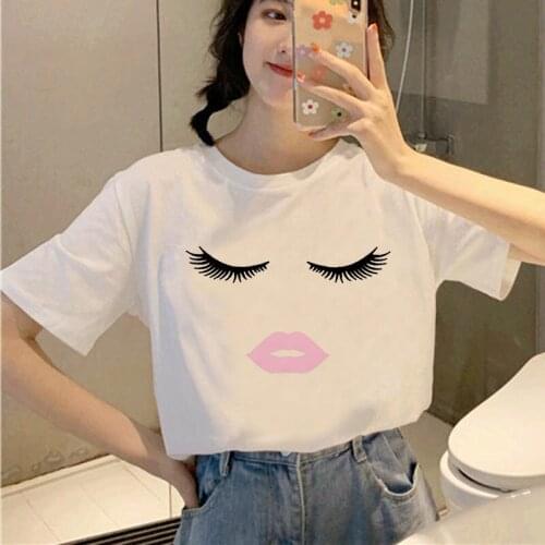 Womens T-shirt Sweet heart Print T-shirt Ladies Casual Harajuku Graphic T-shirt Short Sleeve Kawaii Tshirt Female