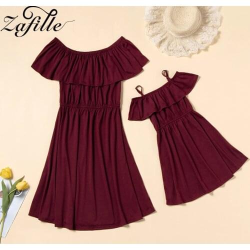 ZAFILLE Summer Mom and Daughter Dress Wine Off Shoulder Mother Daughter Dressess Family Mommy and Daughter Matching Clothes