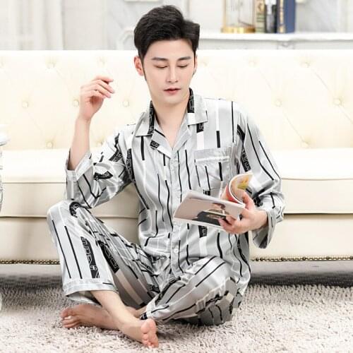 Summer Mens Pajamas Man Set Sleepwear Lmitation Silk Pajama For Men Cozy Soft Long Sleeve Nightgown Male Pyjamas Home Clothes