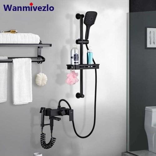 Matte Black Wall Mounted Shower Set Faucet Single Handle with Handshower Shelf Bathroom Shower Mixer Tap Tower Hook Bidet Faucet