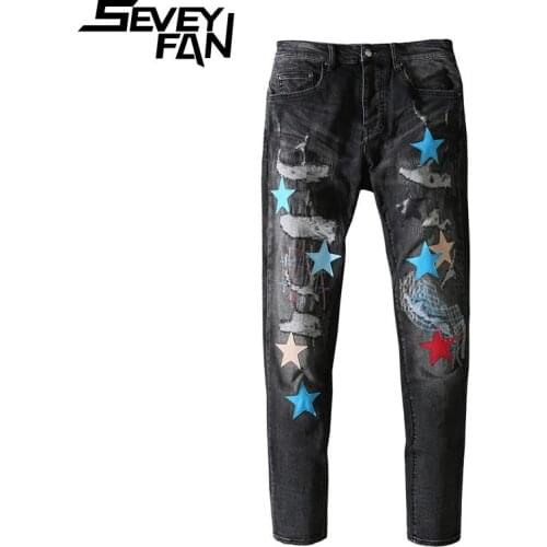 SEVEYFAN Mens Hi Street PU Leather Star Patchwork Jeans Skinny Ripped Hole Pencil Denim Pants Streetwear Jean Joggers for Male
