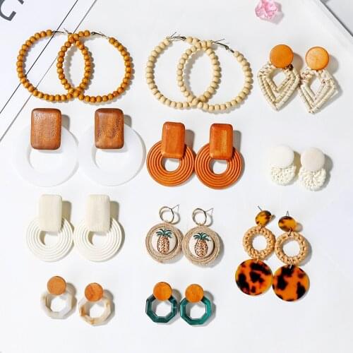 YAOLOGE 2019 New Korea Handmade Wooden Straw Woven Rattan Vine Braid Women Earrings Geometric Large Circle Long Drop Earrings