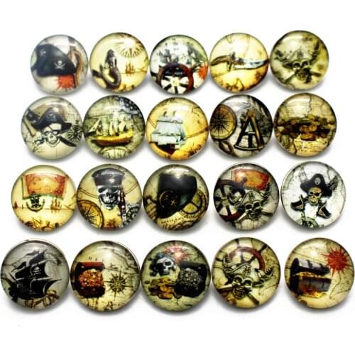 New Style 20pcs/lot Printing Pirate Pattern Treasure Glass Snap Buttons fit 18mm/20mm Snaps Jewelry For DIY Bracelet