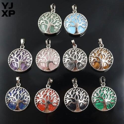 Tree of Life Pendants Plant Pattern Natural Round Stone Crystal Quartzs Purple Amethysts Reiki Yggdrasil Lucky Charm Jewelry