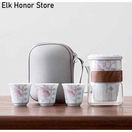 Portable Handmade Lily Flower Art Ceramic Teaset 1 Pot 3 Ccups Heat-resistant Glass Cups With Strainers Travel Outdoor Drinkware