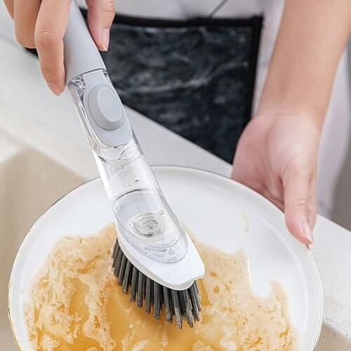 Portable Kitchen Dish Brush Kit Pan Pot Cleaning Brush Automatic Soap Dispenser Detergent Container Brush With Long Handle