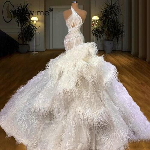 Luxury Feathers Ivory Mermaid Evening Dresses One Shoulder Pearls Tiered Party Pageant Gowns Custom Made Vestidos Prom 2021