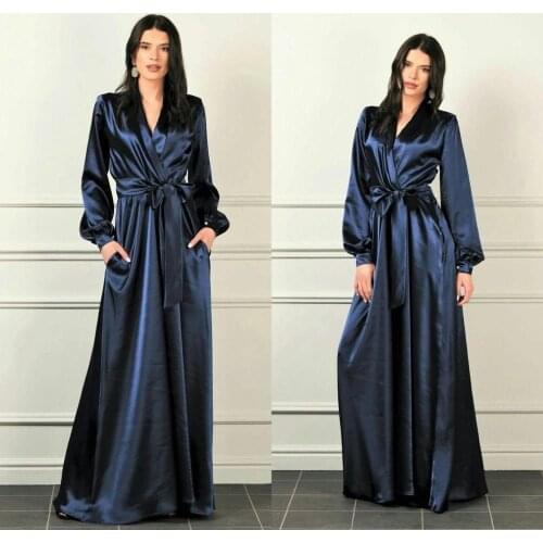 Navy Bridal Bathrobe with Pocket Long Sleeves Satin Silk Wedding Sleepwear Bathrobes Nightgowns Robes Women Dress Kimono