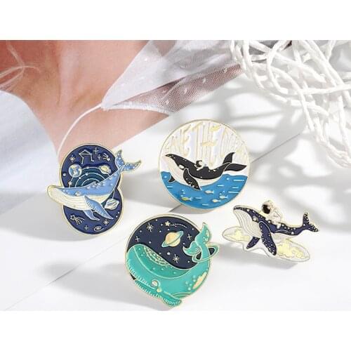 Blue Ocean Whale Enamel Pin Astronaut Space Cute Brooch Bag Clothes Lapel Pin Sasha Away Badge Cartoon Jewelry Gift For Kids