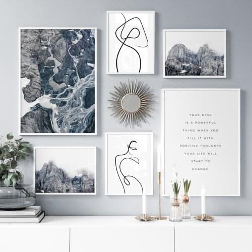 Snow Mountain River Abstract Line Art Landscape Wall Art Canvas Painting Nordic Posters And Prints Wall Pictures For Living Room