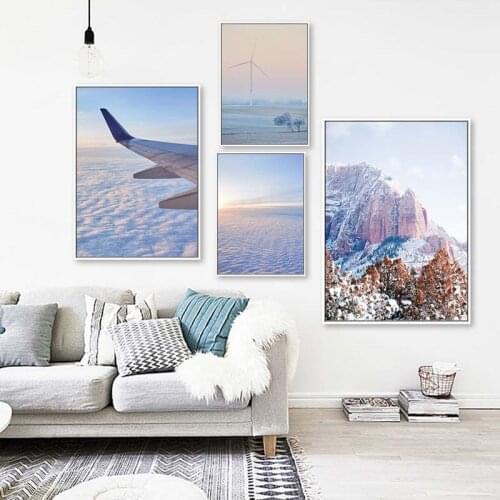 Snow Mountain Airplane Cloud Landscape Wall Art Canvas Painting Scandinavian Poster Print Pictures for Living Room Home Decor