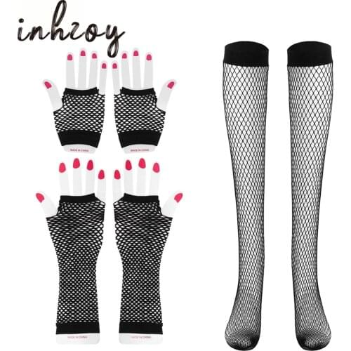 Stylish Fishnet Gloves Knee Length Socks Stockings Set Black Mesh Party Gloves for Women Cosplay Costume