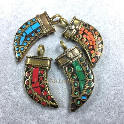 Dotted Inlay Horn Tusk Pendant Brass Dotted Horn Pendant For Jewelry Making In 48x20mm PM5363