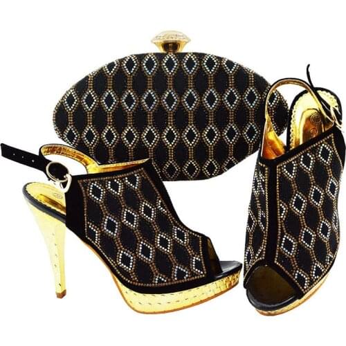 Italian High Heels Nigerian Ladies Shoes And Matching Bag Set With Rhinestones Decoration Black Color 38-42 B16-6