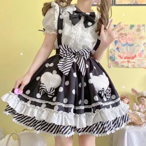 Lolita Sweet Girl Dress Kawaii Cute Soft Girl Bow Ruffle Lolita Strap Skirt 2-Piece Set Women Rabbit Ears Shirt Pink JSK Lolita