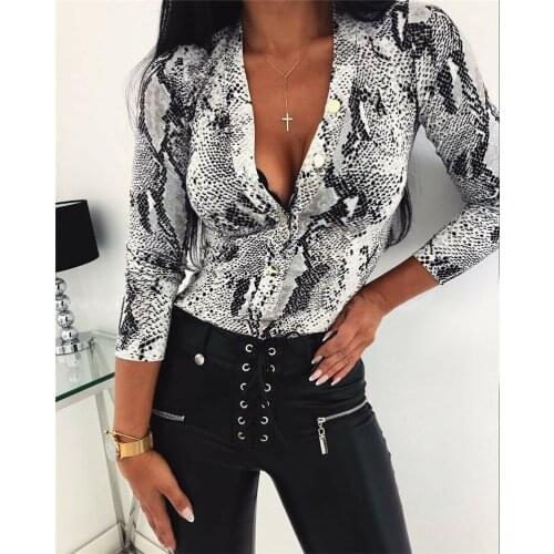 2019 Fashion Skinny Bodysuit Snake Skin&Leopard Print Rompers Womens Jumpsuit Sexy Long Sleeve Deep V Neck Tops Leotard Jumpsuit