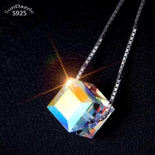 Genuine Real Pure Solid 925 Sterling Silver Pendant Necklace for Women Chain Jewelry Glimmer Austrian Crystal Female Necklaces