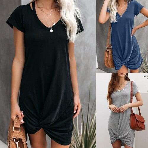 Dress womens 2021 new European and American solid color V-neck short sleeve knotted casual T-shirt skirt