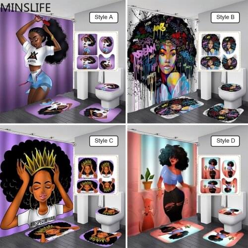 African Women Pattern Bathroom Set with Shower Curtain and Rugs Afro American Crown Lady Non-slip Rugs Toilet Lid Cover Bath Set