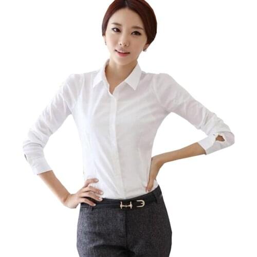 5XL Plus Size New 2016 Summer Feminina Blusa Women Long Sleeve White Cotton Shirts Slim Official Professional Shirt Blouse