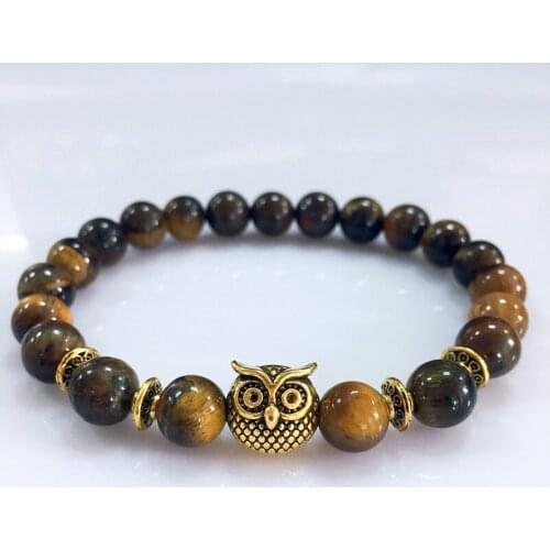 8mm Howlite Stone Bracelet Zinc Alloy Owl Head Charms Tiger Eye Bead Bracelet Fashion Jewelry Men Women
