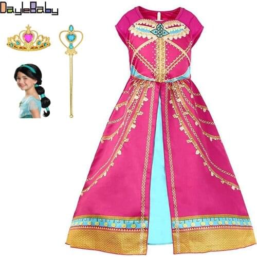 Girls Aladdin Jasmine Princess Costume Child Arabian Red Princess Clothing Jasmine Cosplay Pink Fuchsia Outfit for Kids