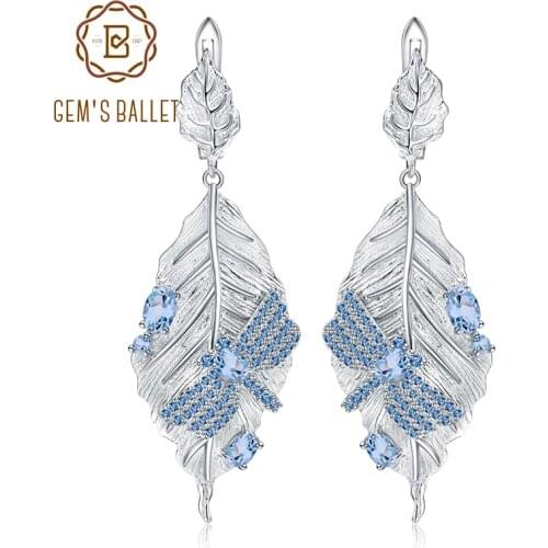 GEMS BALLET 1.57Ct Natural Swiss Blue Topaz Earrings 925 Sterling Silver Handmade Long Leaves Drop Earrings for Women Bijoux